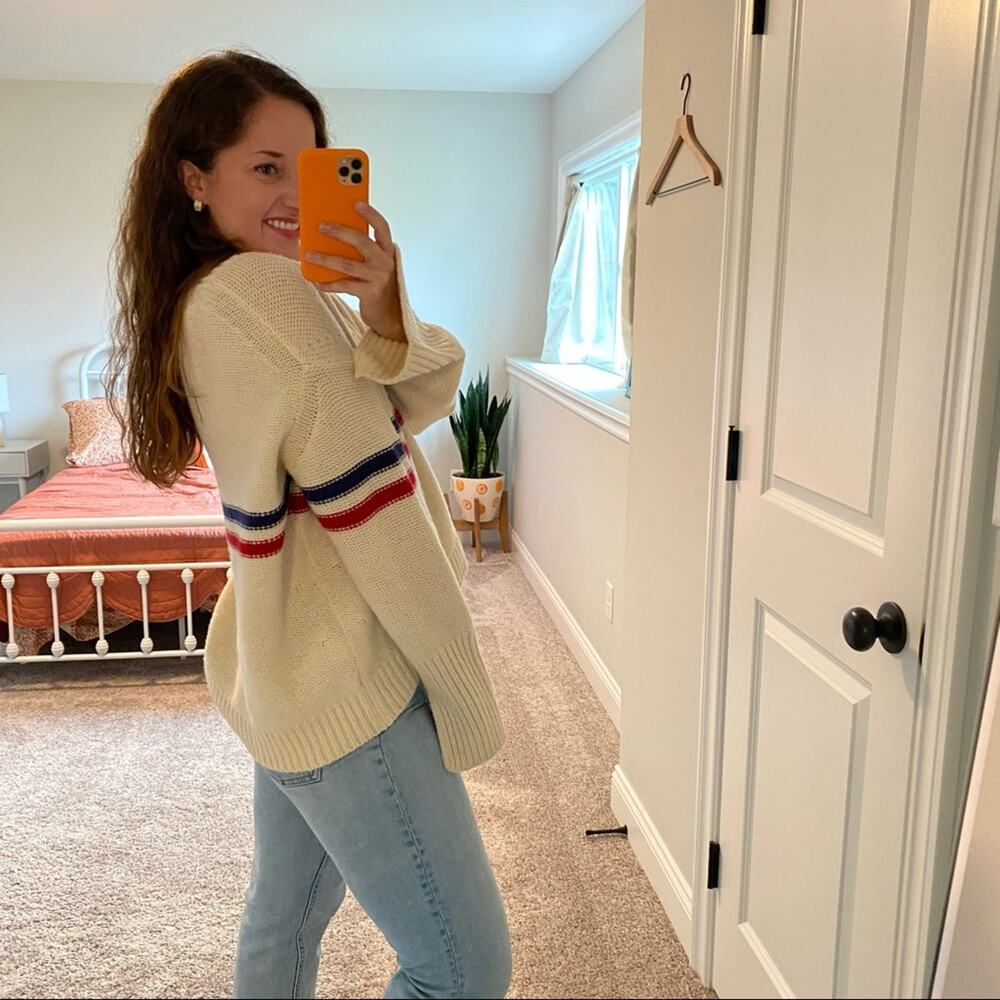 TOMORROWLAND Cream Blue Red Striped Wool V Neck Sweater Small - Picture 4 of 16